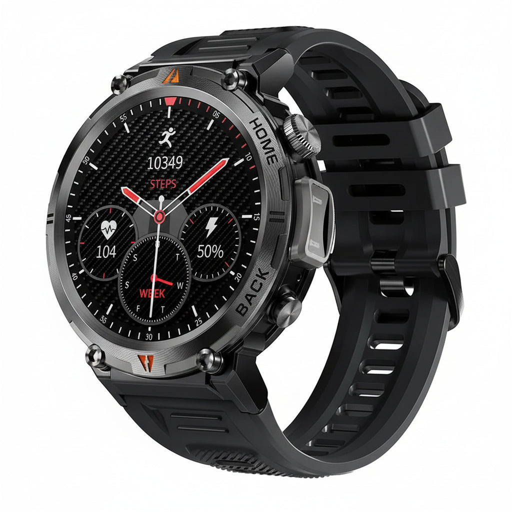 Black smartwatch with features highlighted on a white background, including battery life and sports capabilities.