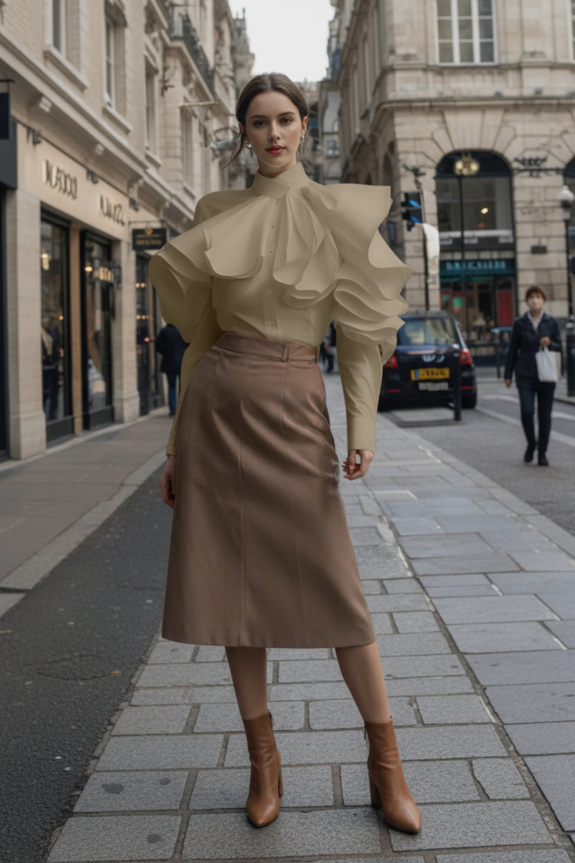 Person wearing a beige blouse with ruffled sleeves on a city street.