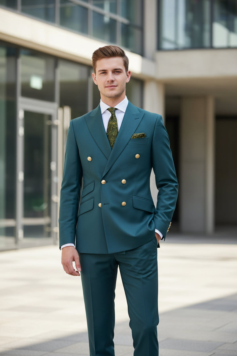 Teal suit with gold buttons on a mannequin and separate pants on a white background
