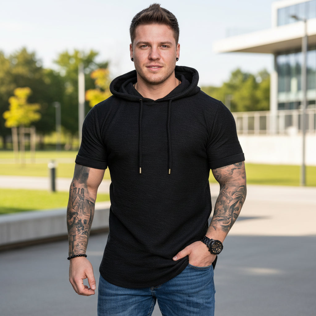 Man wearing a black hoodie with tattoos on arms against a white background