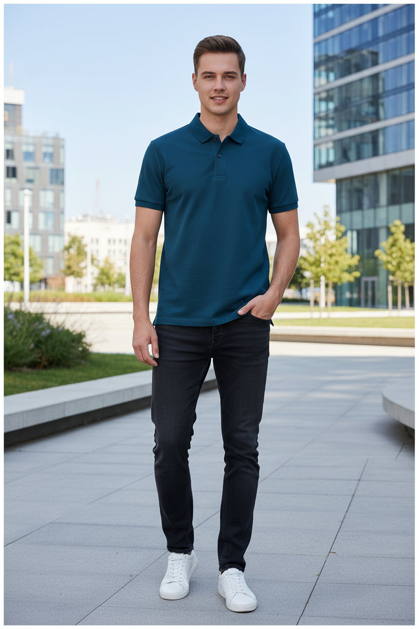 Blue polo shirt held by a hand with a blurred background of other shirts on hangers.