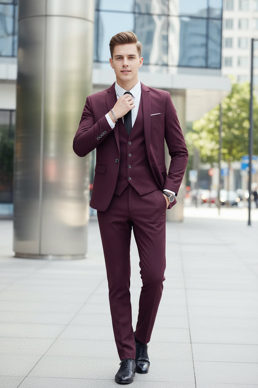 Man wearing a maroon suit with a white shirt in an indoor setting.