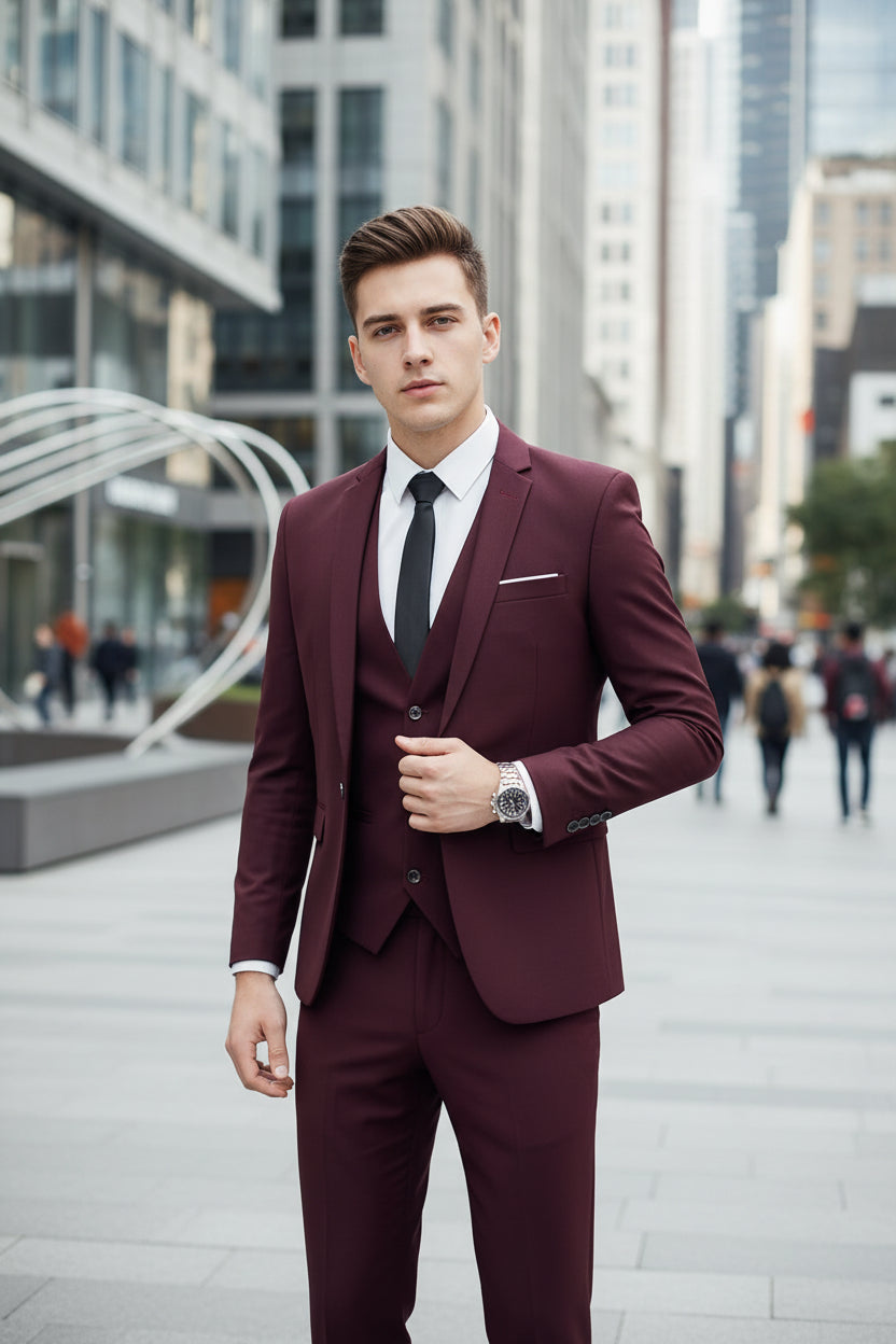 Man wearing a maroon suit with a white shirt in an indoor setting.