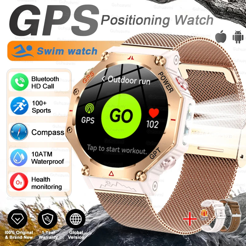 GPS positioning watch with features listed on a white background