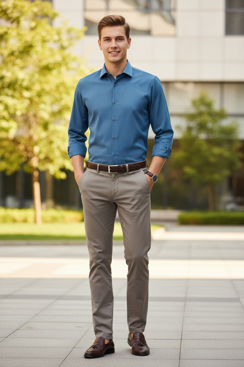 Folded blue striped shirt on a white background