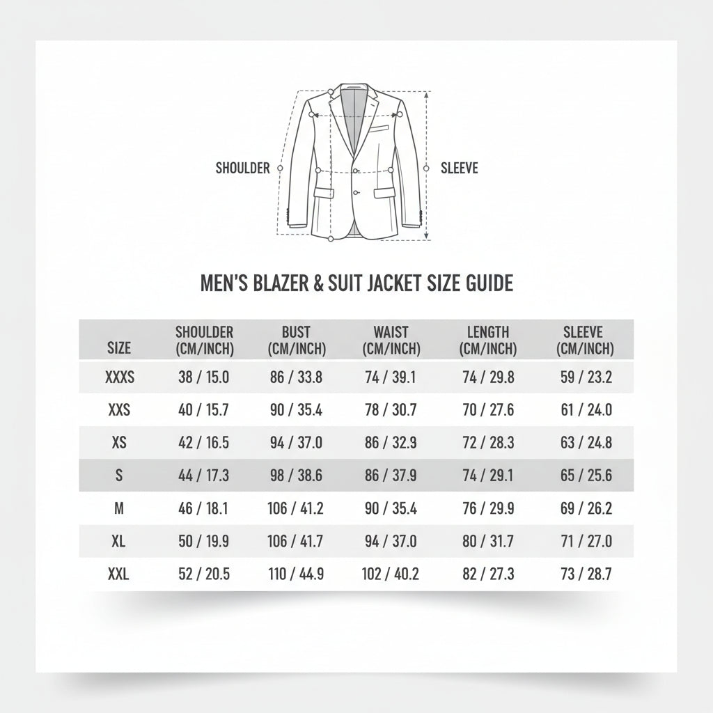 Measurement chart for a suit jacket with labeled parts and size chart.