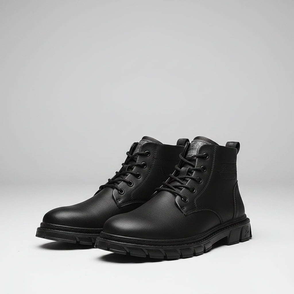 Person wearing a black leather boot with a blurred background