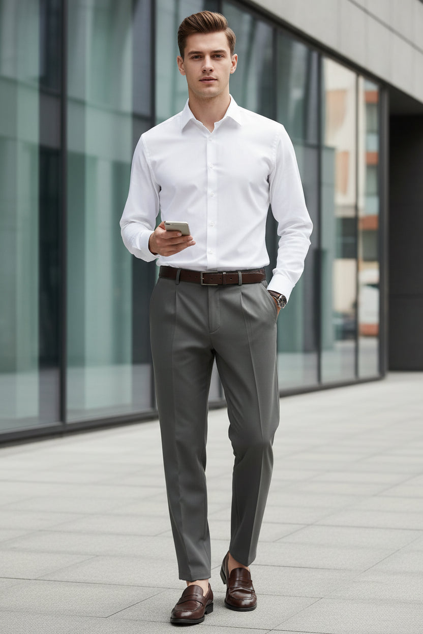 Person wearing gray dress pants and brown shoes in an indoor setting.