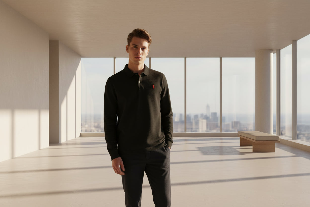 Black polo shirt with a red logo on a rack of other shirts
