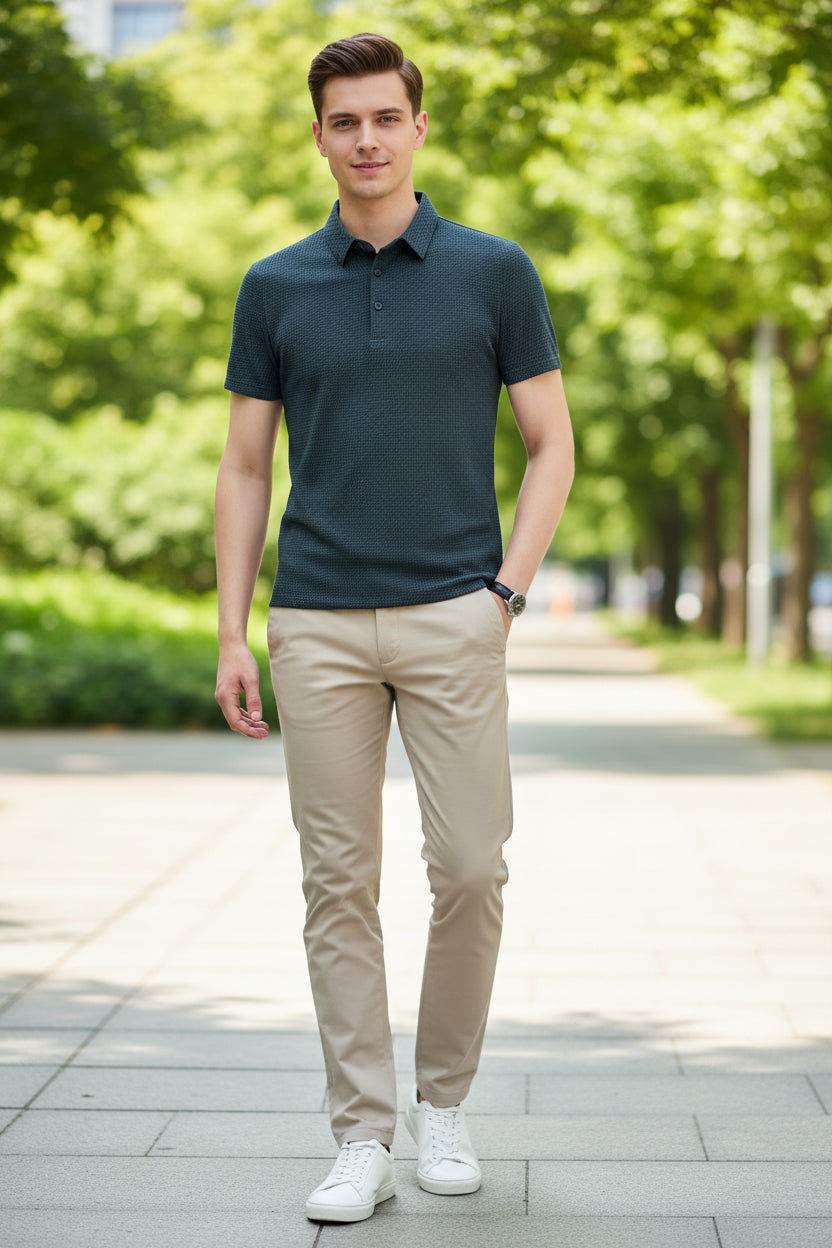 Man wearing a dark patterned polo shirt against a gray background