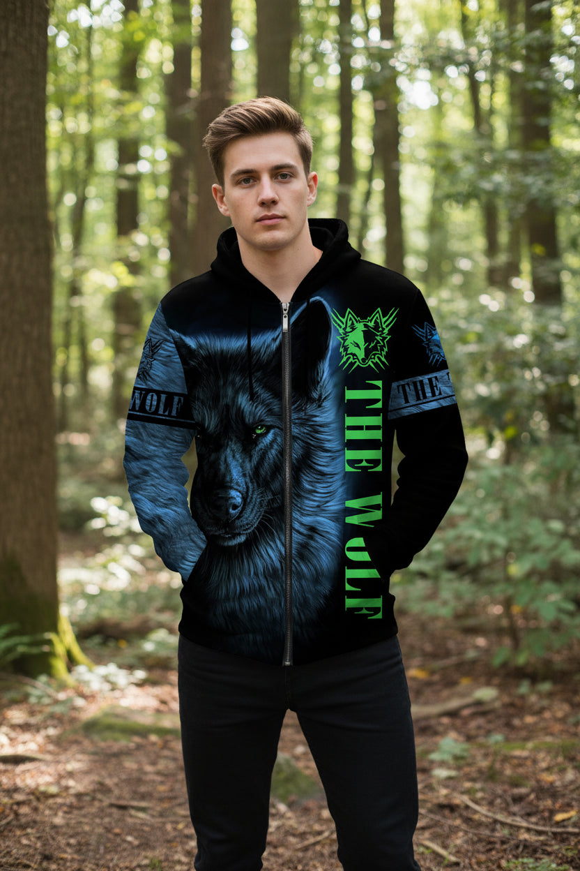 Hoodie with wolf design and 'The Wolf' text on a white background