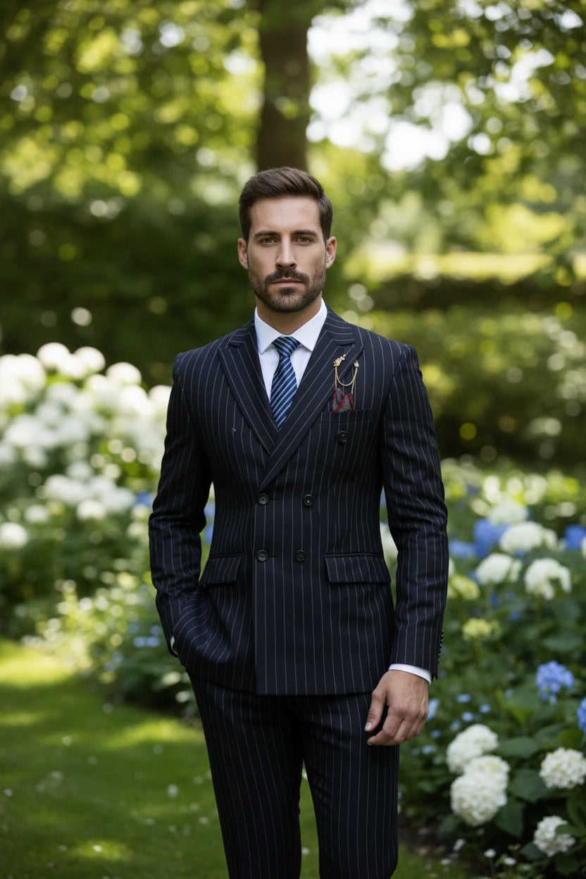 Man wearing a dark pinstripe suit with a tie and lapel pin against a blurred background