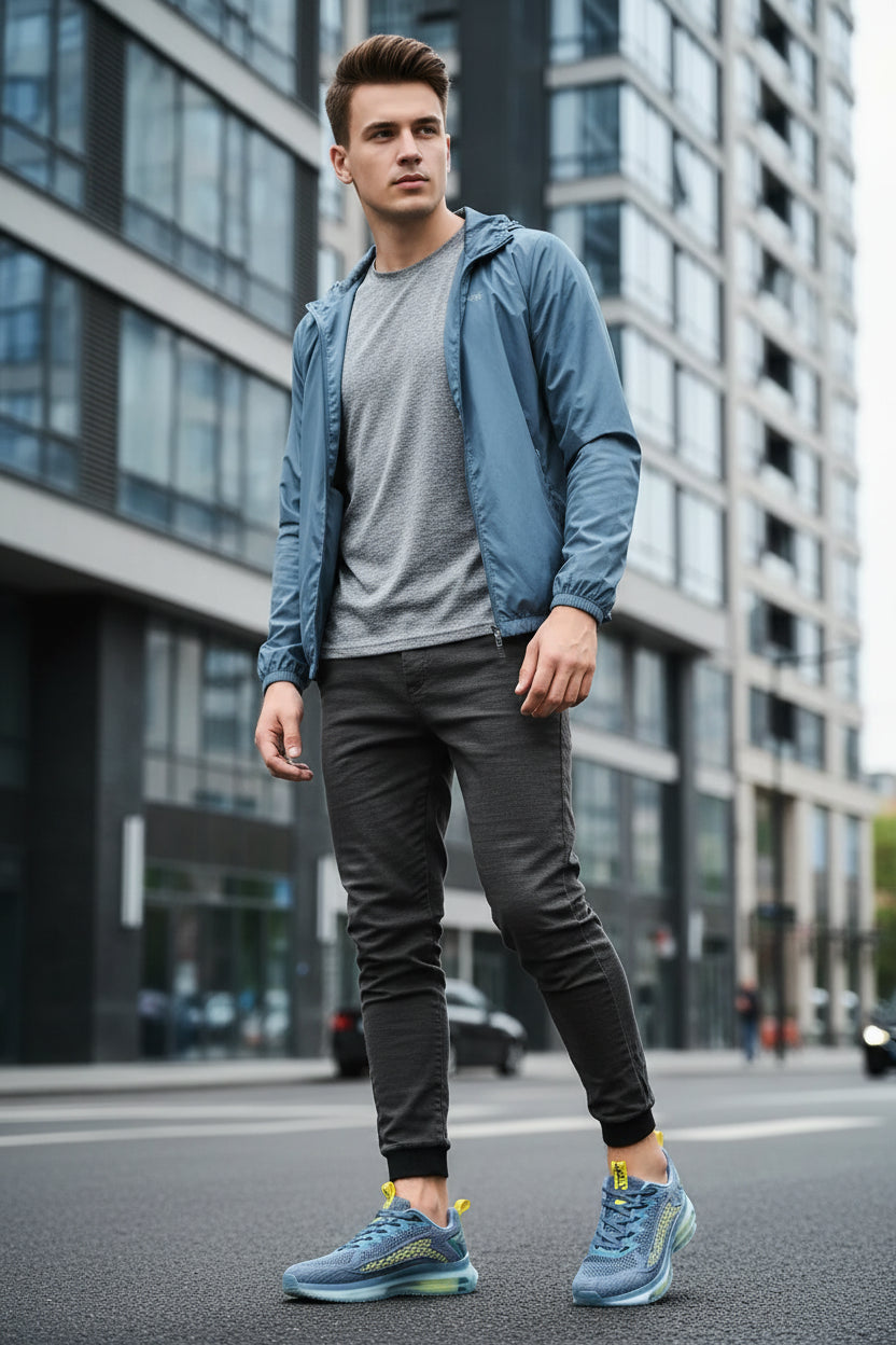 Blue and gray athletic shoe with yellow accents on a blurred outdoor background