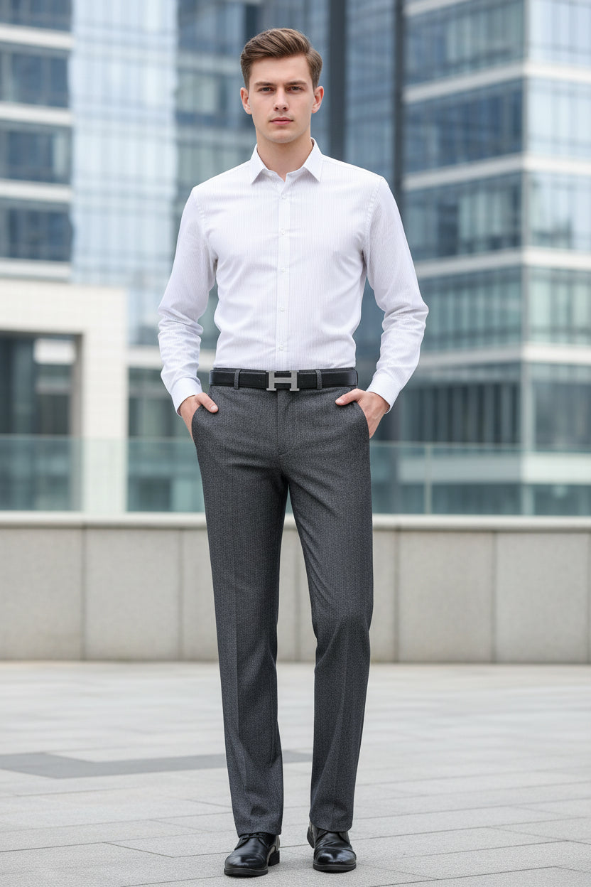 Gray dress pants worn by a person on a white background with text about flat front and standard thickness.