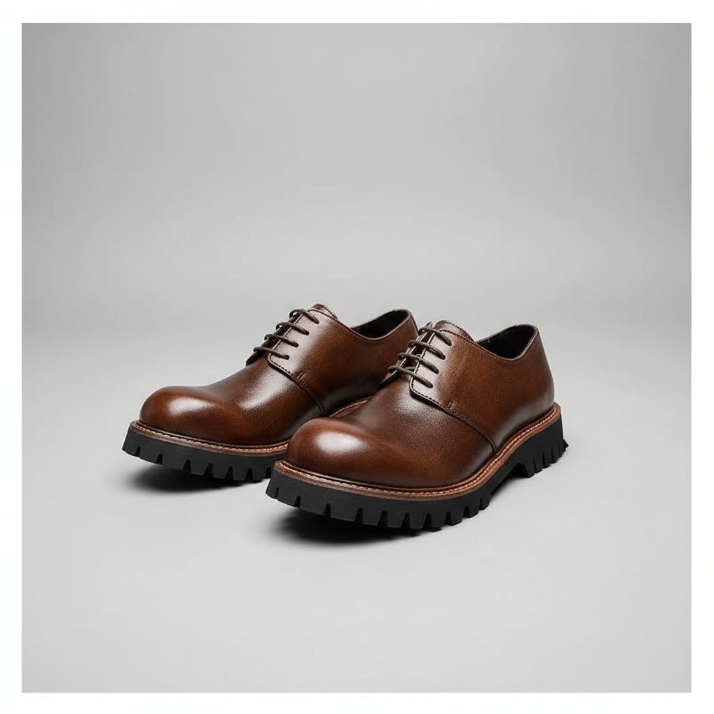 Brown leather shoes with thick soles on a wooden surface