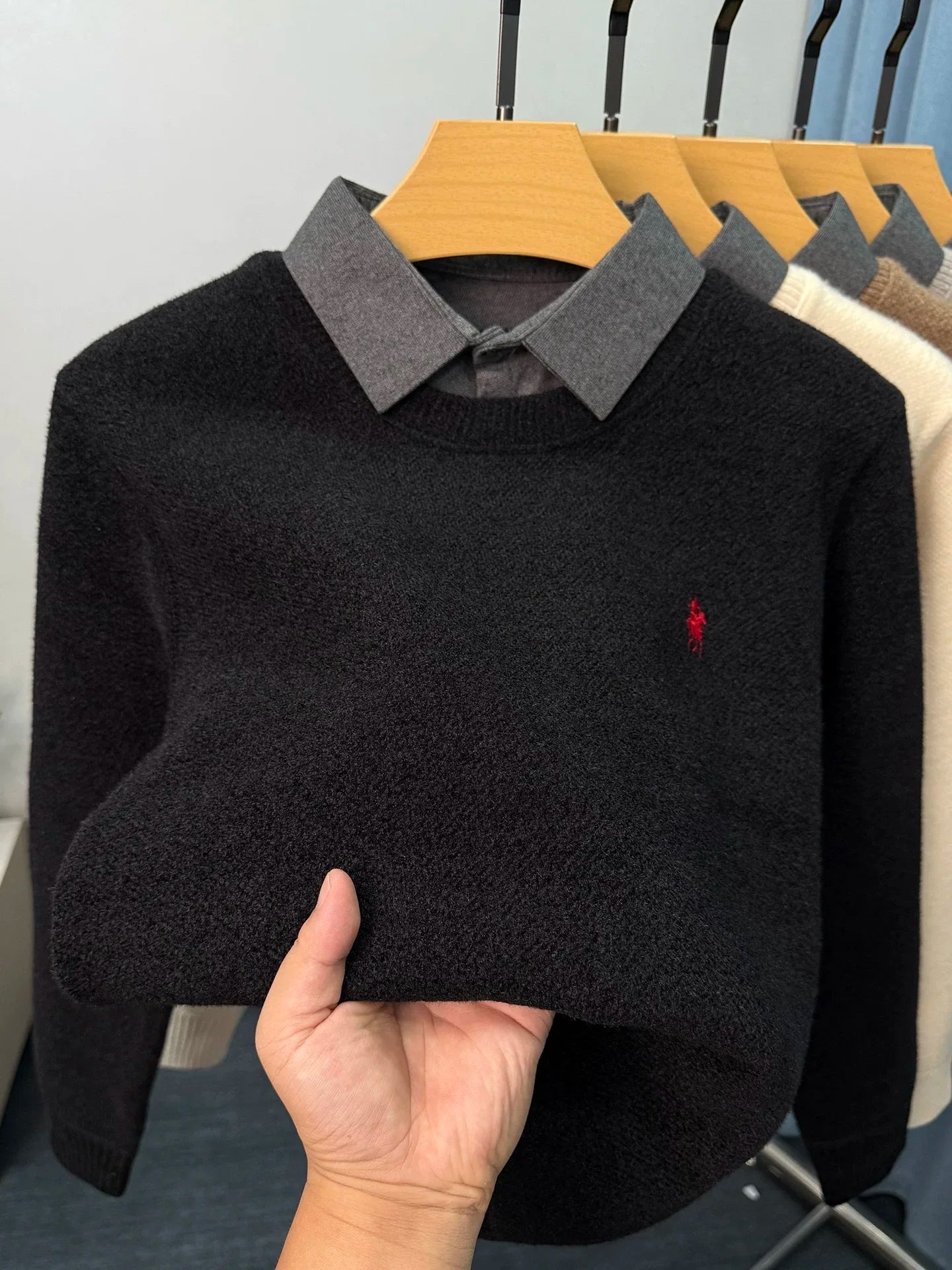 High end trendy pony embroidery men's sweater luxury brand fashion Paul winter velvet warm striped shirt collar knitted pullover