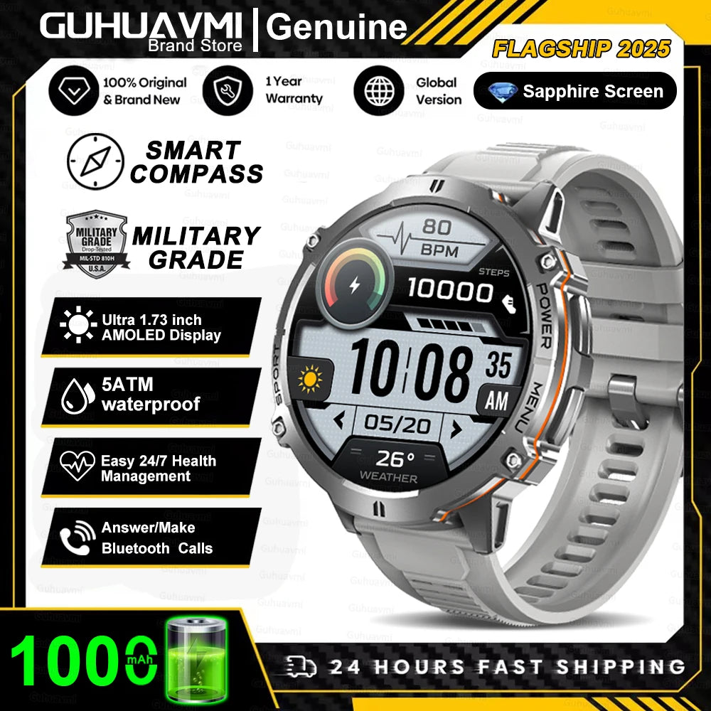 Smartwatch with features highlighted on a promotional graphic for GUHUAVMI brand.