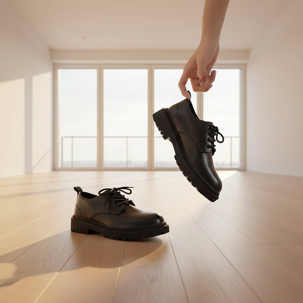Person wearing black leather shoes with thick soles on a white background
