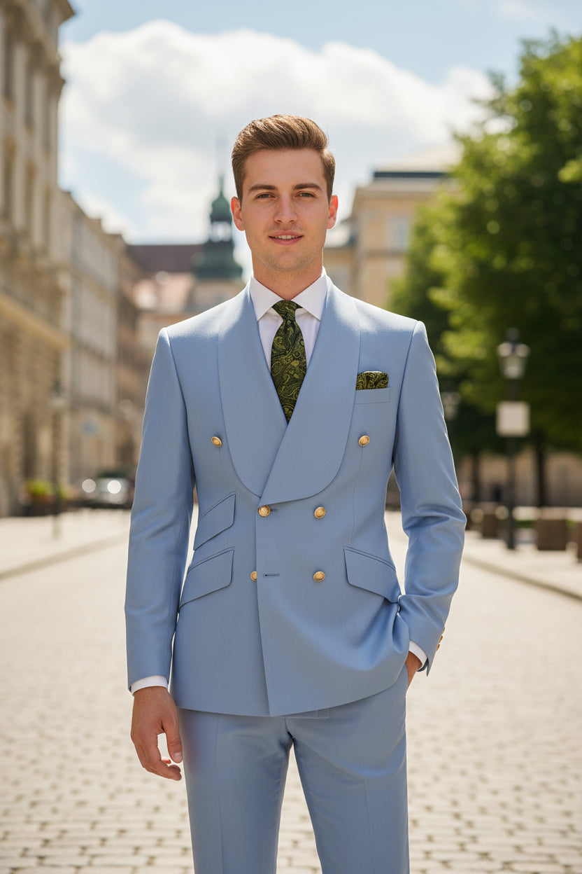 Light blue suit jacket and pants on a mannequin with a white background