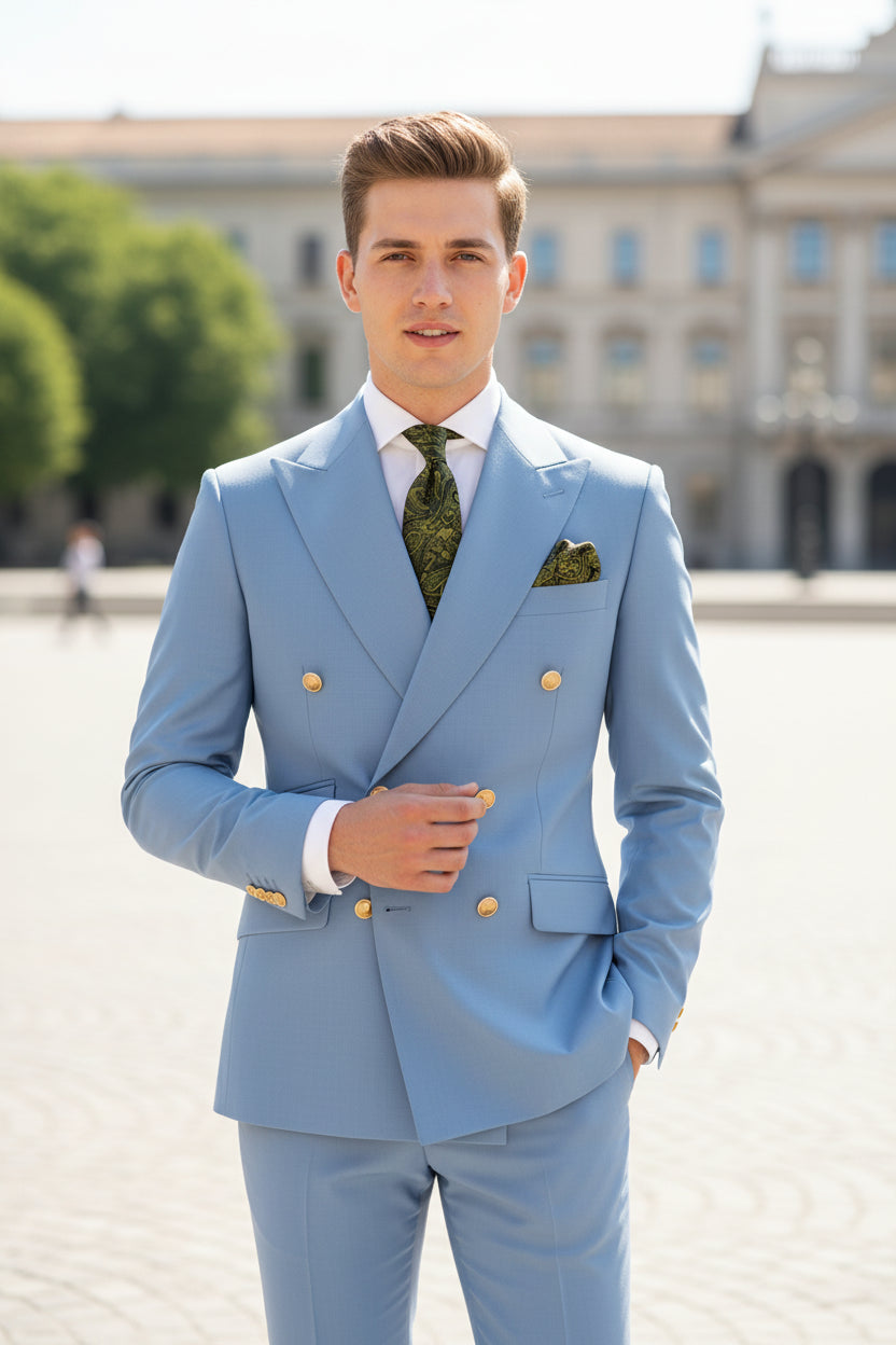 Light blue suit jacket and pants on a mannequin with a white background