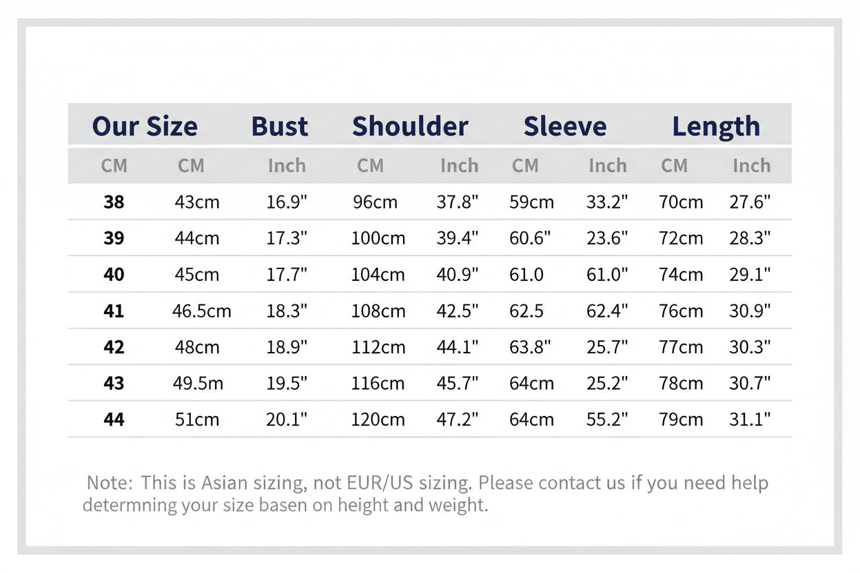 Size chart for clothing with measurements in centimeters and inches.