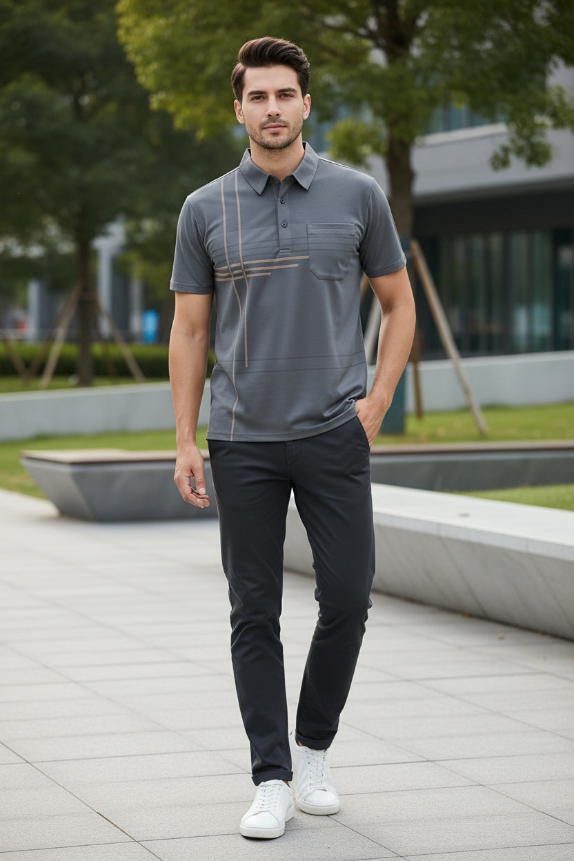Gray polo shirt with plaid pattern on a hanger against a gray background