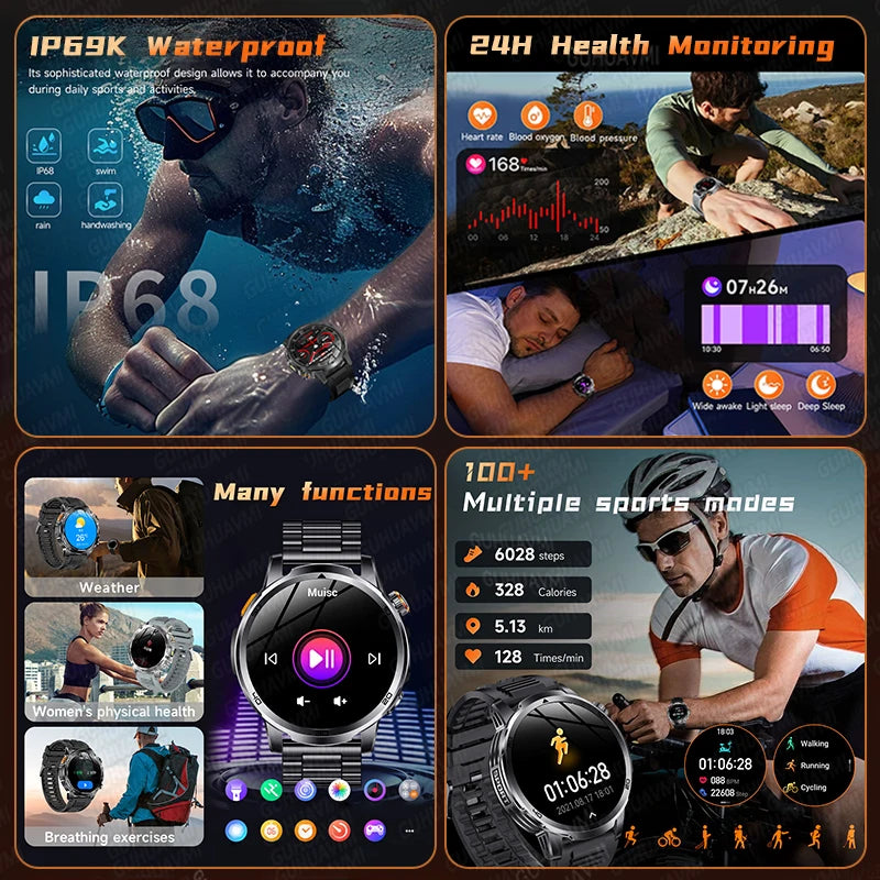 Collage of smartwatch features including waterproof capability, health monitoring, and various functions.