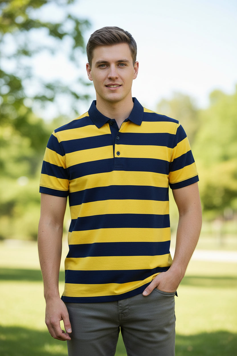 Blue and yellow striped polo shirt on a gray background