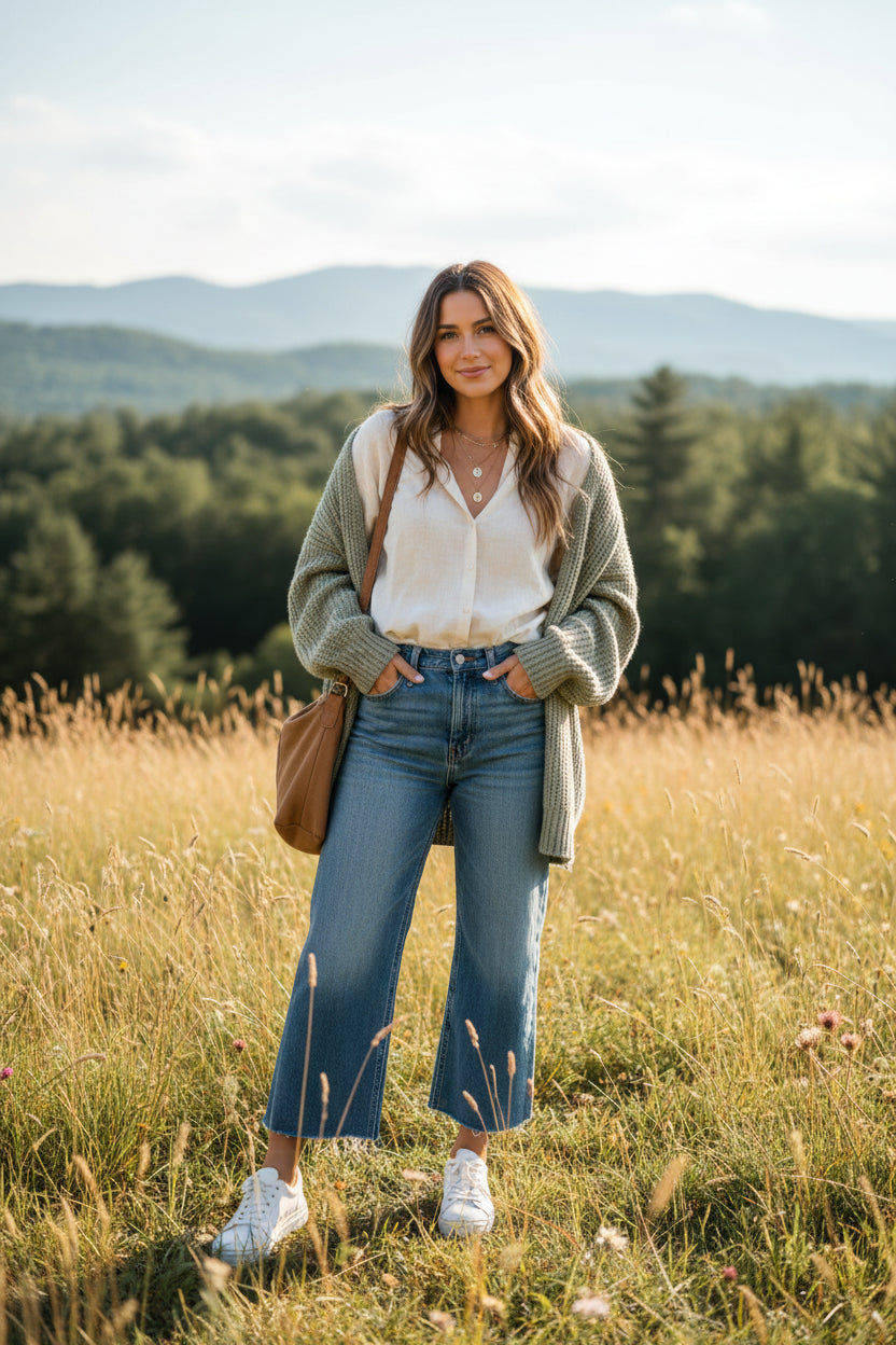 Person wearing a light blue shirt and jeans standing in a grassy field with a trailer and chair in the background.