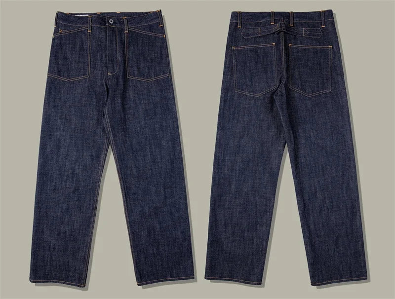 Two pairs of blue jeans displayed side by side on a gray background