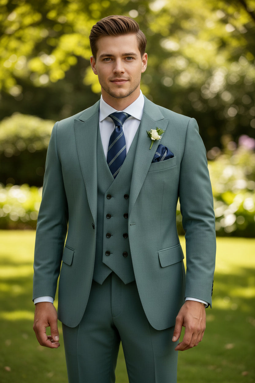 Green suit with tie and pocket square on a white background