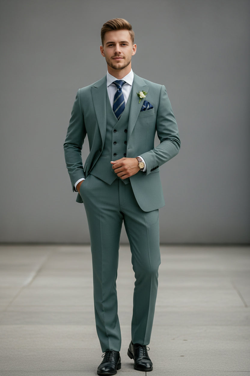 Green suit with tie and pocket square on a white background
