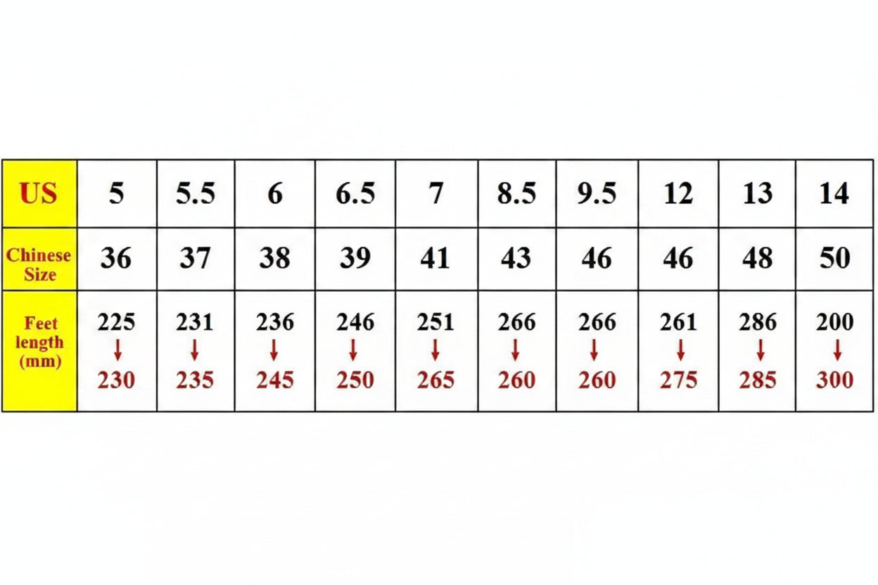 Table comparing US size, Chinese size, and foot length measurements.