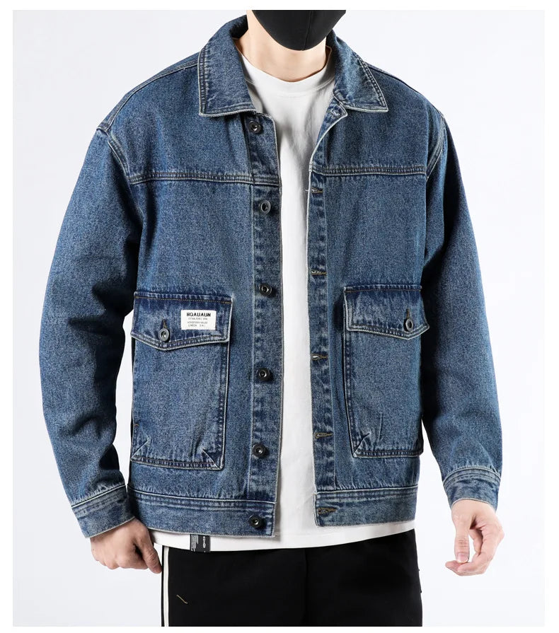 Spring and Autumn 2025 new men's loose and trendy denim jackets, pure cotton men's fashionable workwear jackets size S-4XL