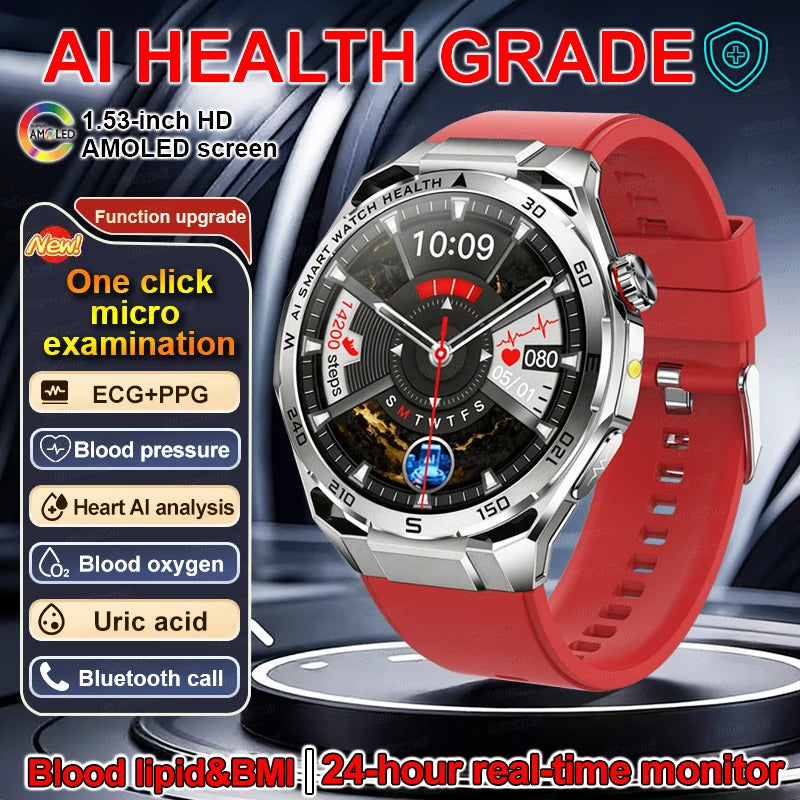 Smartwatch with red band and health monitoring features on a dark background