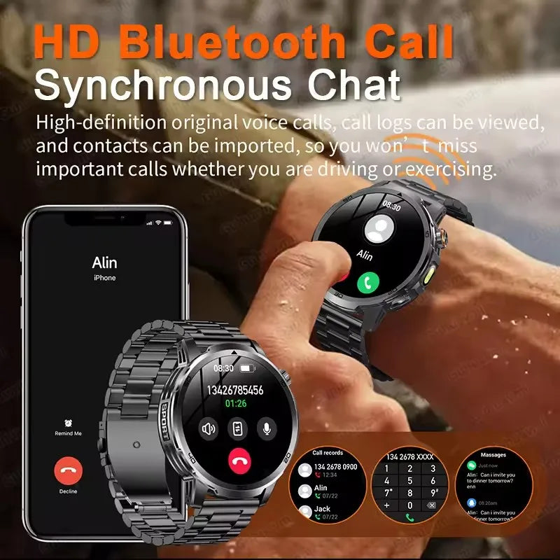 Smartwatch and phone displaying HD Bluetooth call and synchronous chat features with a person using the devices.