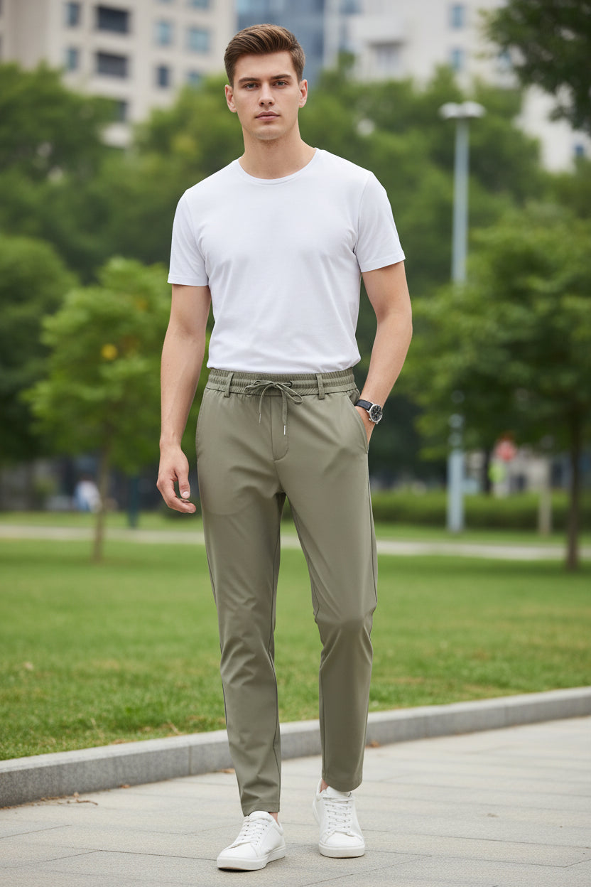 Beige pants with a drawstring on a white background