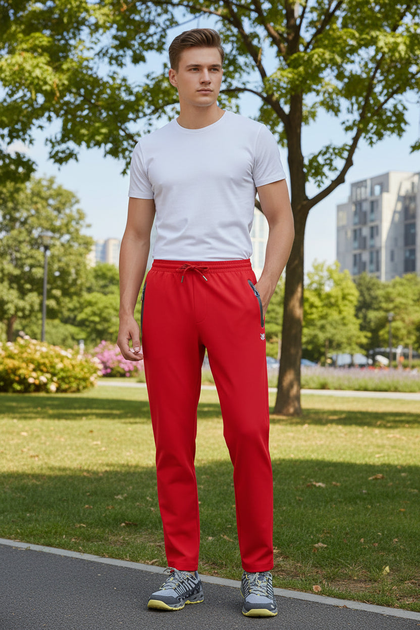 Red pants with a gray zipper on a white background