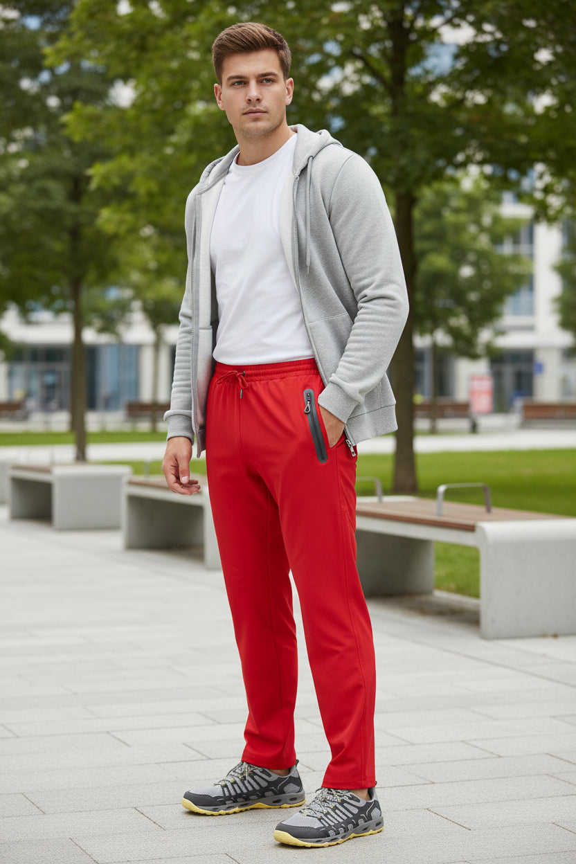 Red pants with a gray zipper on a white background