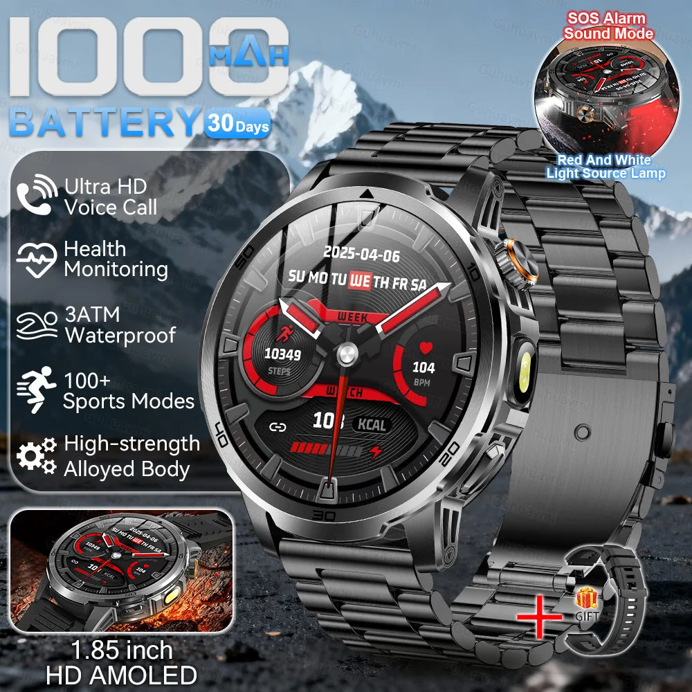 Smartwatch with mountainous background and feature highlights