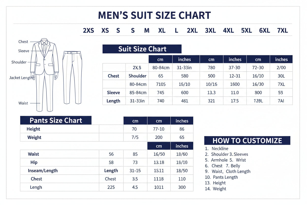 Men's suits set size chart with measurements and customization options.