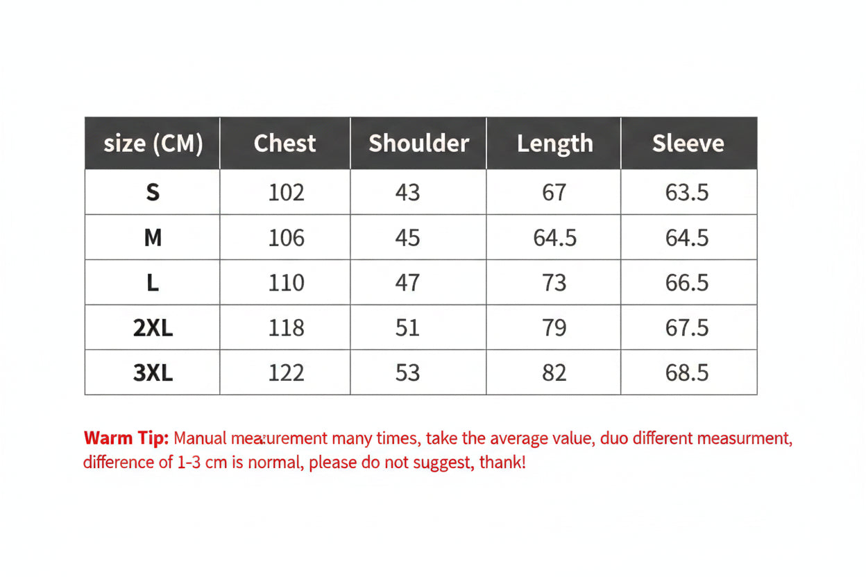 Measurement chart for clothing sizes with chest, shoulder, length, and sleeve dimensions.
