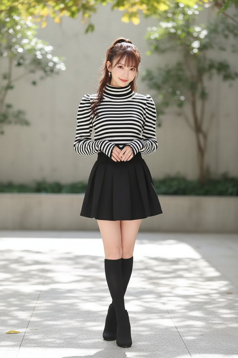 Woman wearing a black and white striped long-sleeve top and black skirt sitting on a fluffy chair.