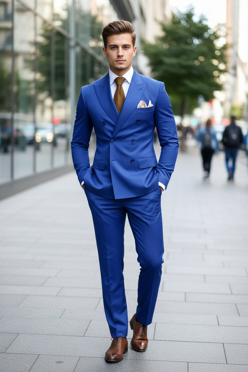 Blue suit with a brown tie and white shirt on a dark background
