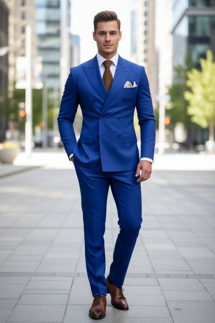 Blue suit with a brown tie and white shirt on a dark background
