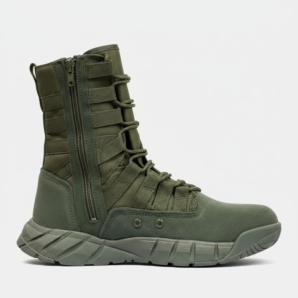 Green military-style boot with features highlighted on a white background