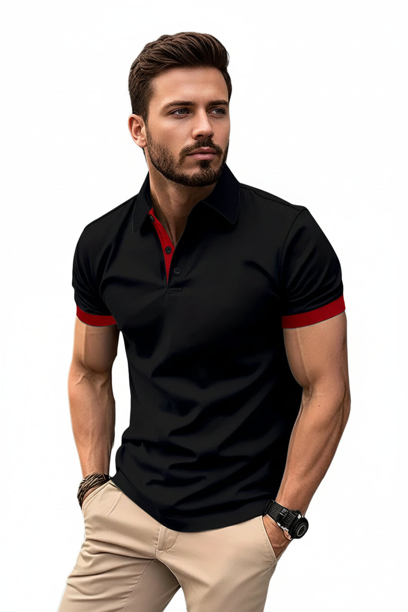 Man wearing a black polo shirt with red accents on a white background