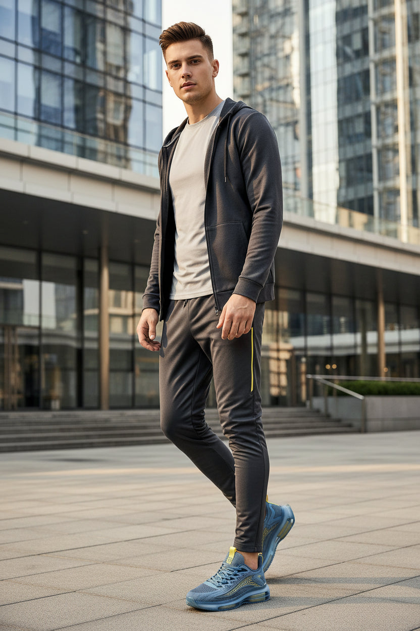 Blue and yellow athletic shoes on a reflective surface with a gradient background