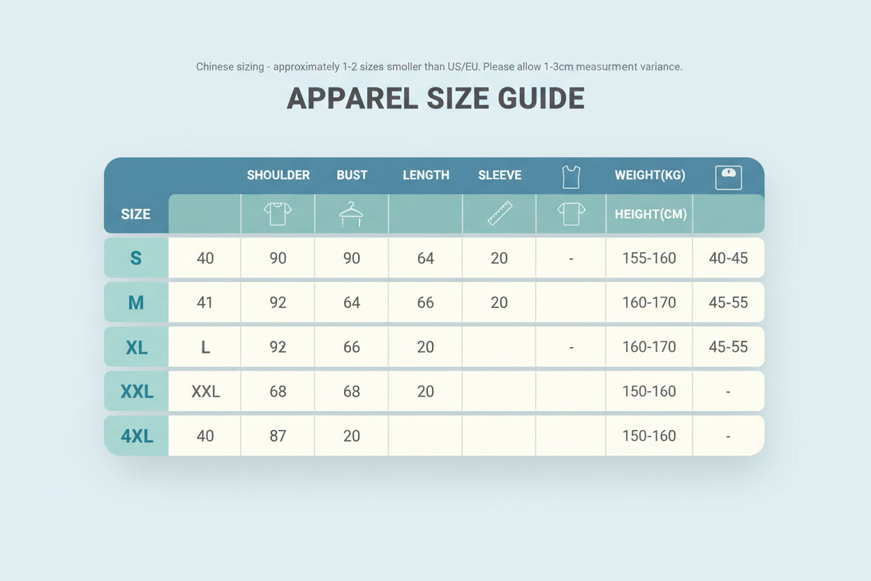 Size chart for clothing with Chinese size guide and caution note.