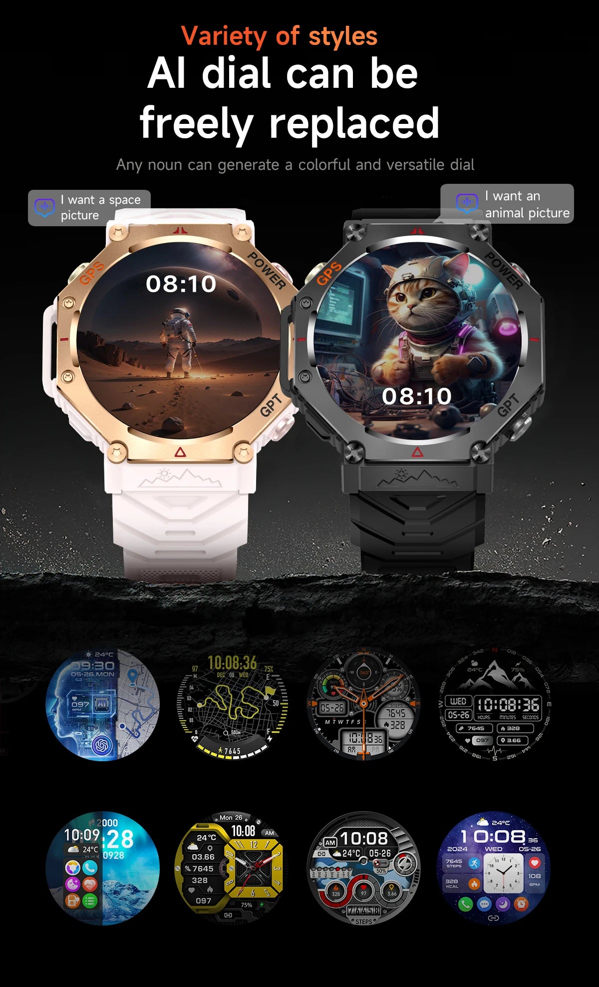 Smartwatch with customizable watch faces on a dark background